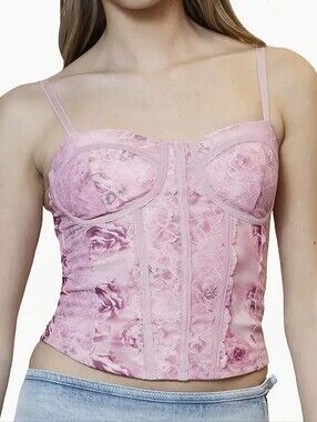 Madden Girl Floral Lace Corset Bustier Cami Top Pink XS